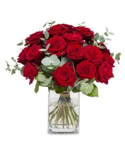 Classic Botanical Red Roses In Glass Vase